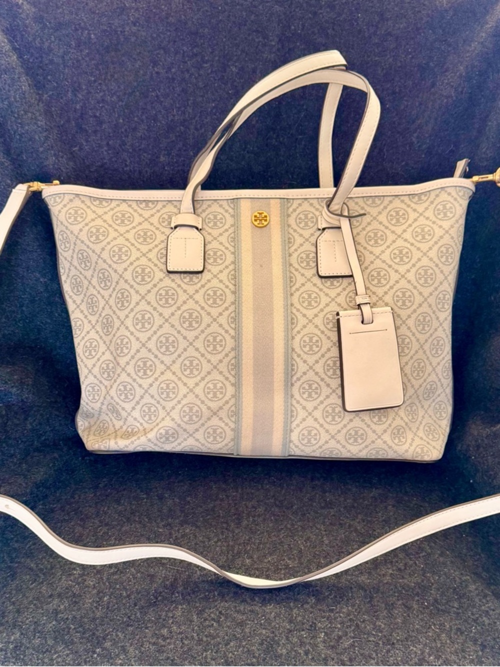 Tory Burch Light Cream Monogram Stripe Canvas Tote